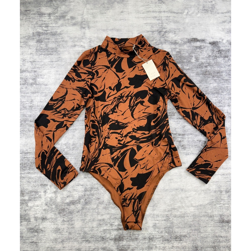 A New Day Rust Brown Black Abstract Swirl Mock Neck Long Sleeve Bodysuit Medium